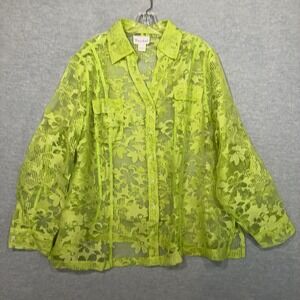 TanJay Blouse 22W Lime‎ Green Sheer Floral Button Up Long Sleeve Collared